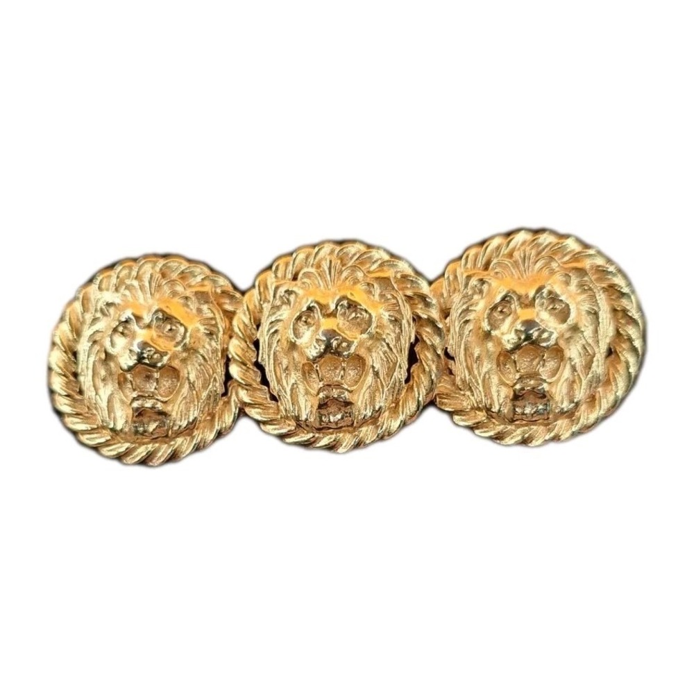 Vintage Anne Klein Gold Tone Triple Lion Head Logo Round Bar Pin Brooch Unsigned